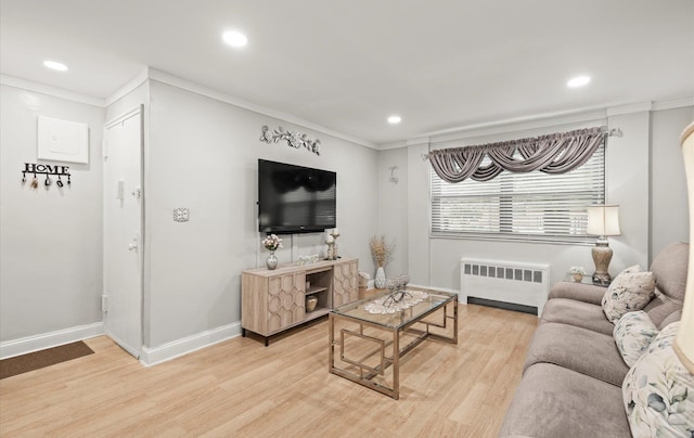 155-03 79th St Unit 188, Howard Beach, NY 11414 - living room featuring radiator, light wood-style floors, crown molding, recessed lighting, and baseboards