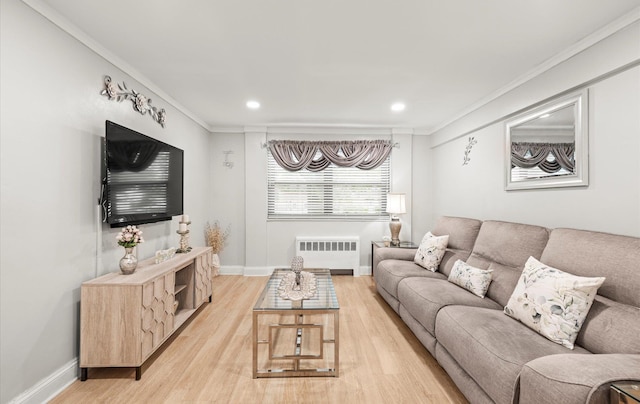 155-03 79th St Unit 188, Howard Beach, NY 11414 - living room with radiator, light wood-style floors, ornamental molding, baseboards, and recessed lighting