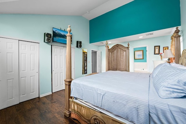 361 Locust Pl, Freeport, NY 11520 - bedroom featuring wood finished floors, high vaulted ceiling, and two closets