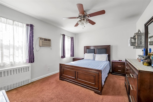 69-29 210th St Unit A, Bayside, NY 11364 - carpeted bedroom with radiator heating unit, baseboards, a wall mounted AC, and ceiling fan