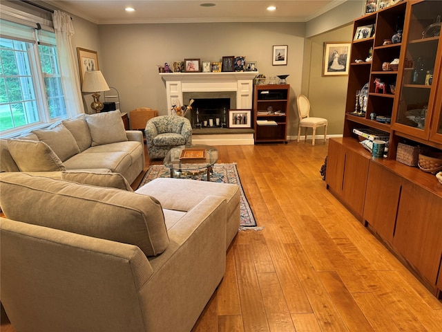 7 Yorkshire Ave, Stony Brook, NY 11790 - living room with light wood finished floors, crown molding, recessed lighting, a fireplace with raised hearth, and baseboards