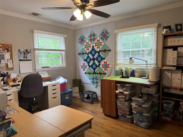 7 Yorkshire Ave, Stony Brook, NY 11790 - office area featuring wood finished floors, ceiling fan, and crown molding