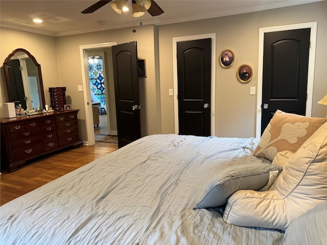 7 Yorkshire Ave, Stony Brook, NY 11790 - bedroom with wood finished floors, ornamental molding, recessed lighting, ceiling fan, and baseboards