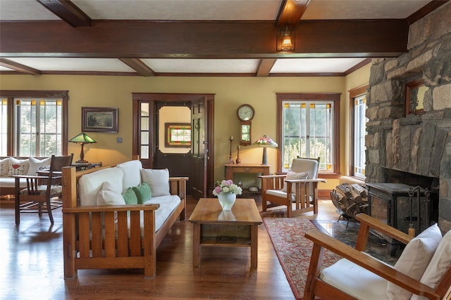 8 Elmer Galloway Rd, Katonah, NY 10536 - living room featuring healthy amount of natural light, wood finished floors, beam ceiling, a stone fireplace, and coffered ceiling