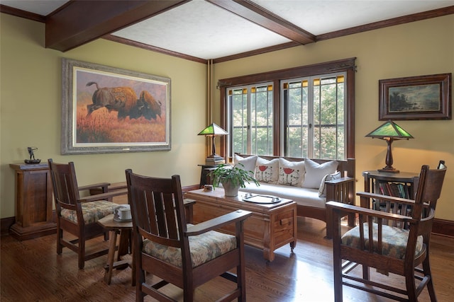 8 Elmer Galloway Rd, Katonah, NY 10536 - dining space with wood finished floors, beam ceiling, and ornamental molding