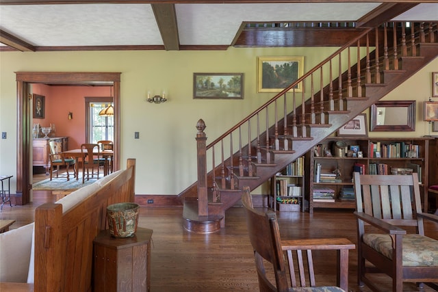 8 Elmer Galloway Rd, Katonah, NY 10536 - stairway featuring wood finished floors and beam ceiling
