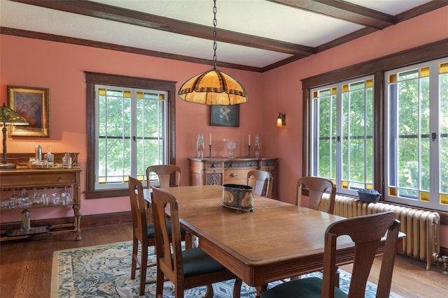 8 Elmer Galloway Rd, Katonah, NY 10536 - dining room featuring light wood-type flooring, radiator heating unit, and beam ceiling