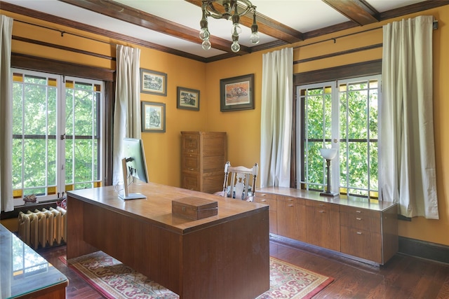 8 Elmer Galloway Rd, Katonah, NY 10536 - office area with radiator, plenty of natural light, beamed ceiling, dark wood-style floors, and crown molding