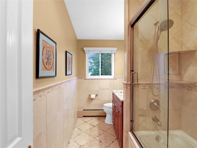 2 Hedge Row, New City, NY 10956 - bathroom featuring a baseboard radiator, tile walls, combined bath / shower with glass door, vanity, and a wainscoted wall