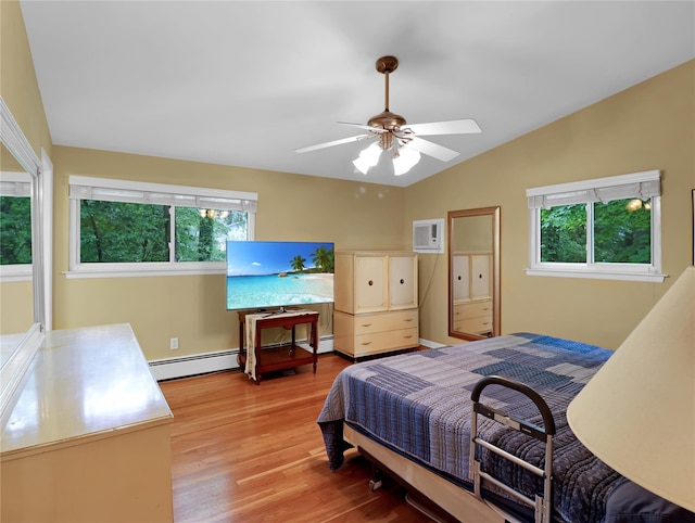 2 Hedge Row, New City, NY 10956 - bedroom with baseboard heating, lofted ceiling, light wood-type flooring, a wall mounted AC, and a ceiling fan