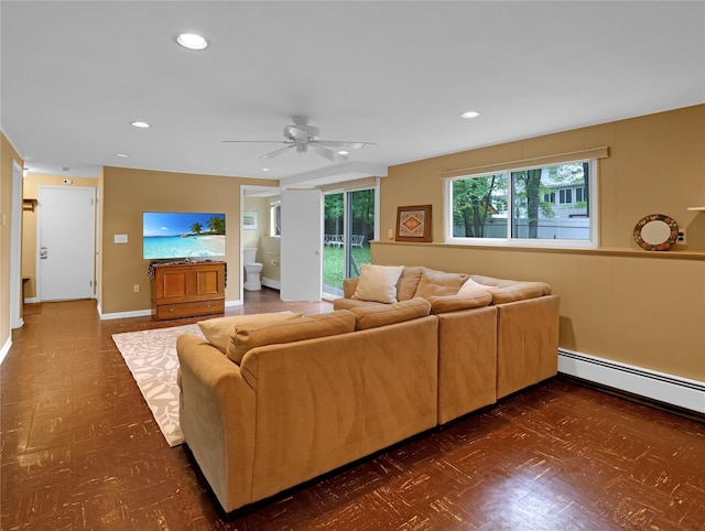 2 Hedge Row, New City, NY 10956 - living room with dark flooring, a ceiling fan, recessed lighting, and a baseboard heating unit