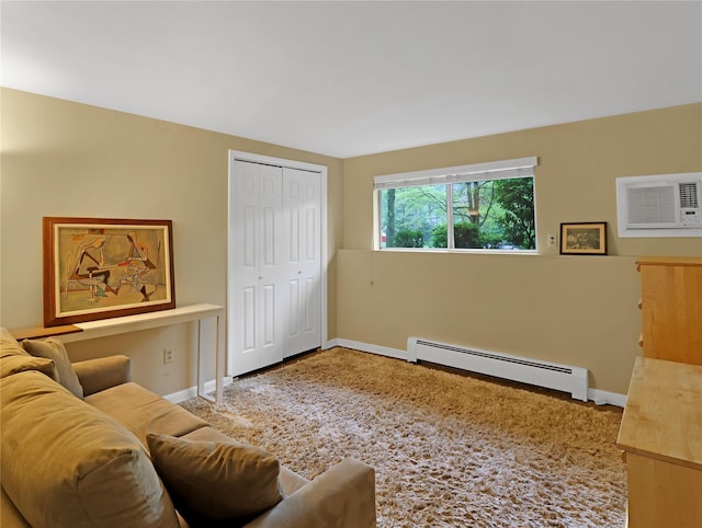 2 Hedge Row, New City, NY 10956 - carpeted living area featuring a baseboard radiator and an AC wall unit