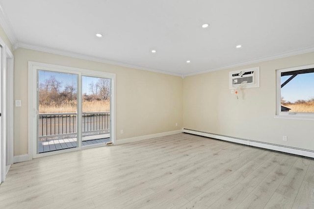 2850 Shore Rd, Seaford, NY 11783 - empty room with healthy amount of natural light, ornamental molding, light wood-style floors, a baseboard heating unit, and a wall mounted AC
