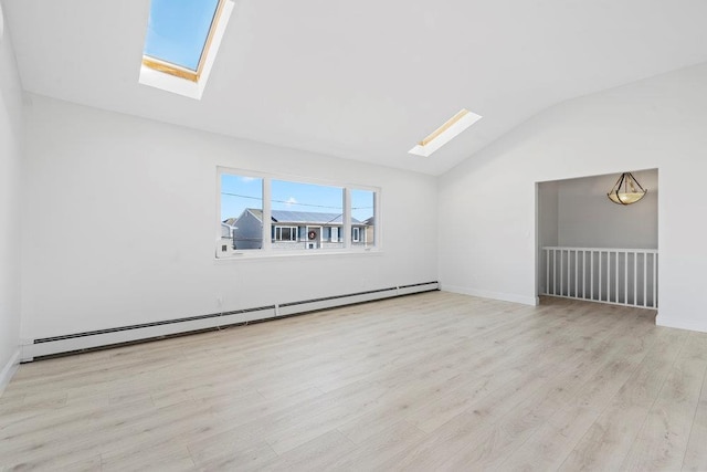 2850 Shore Rd, Seaford, NY 11783 - spare room featuring a skylight, lofted ceiling, a baseboard radiator, wood finished floors, and baseboards
