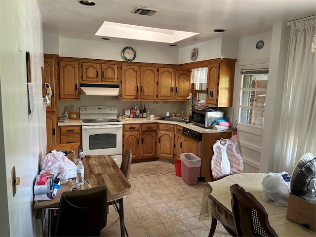 21 Stillman Rd, Glen Cove, NY 11542 - kitchen featuring electric stove, under cabinet range hood, a skylight, a sink, and stainless steel microwave