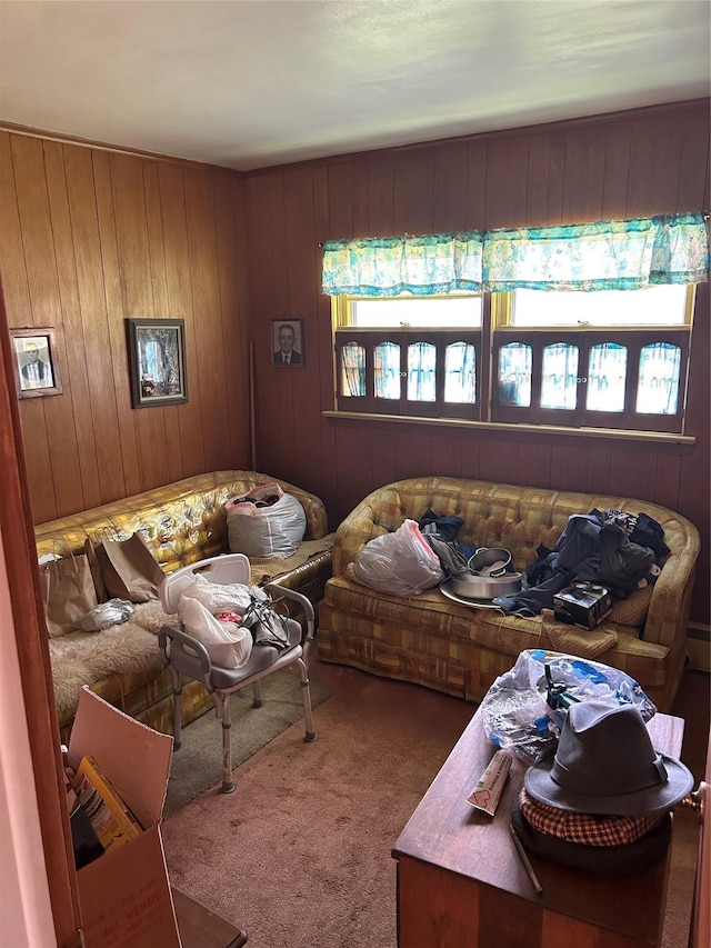 21 Stillman Rd, Glen Cove, NY 11542 - carpeted living room featuring wooden walls