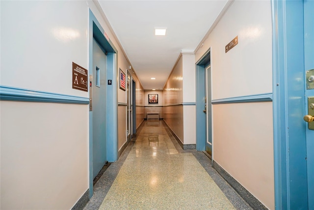 9430 Ridge Blvd Unit 6F, Brooklyn, NY 11209 - hallway with baseboards, speckled floor, and elevator