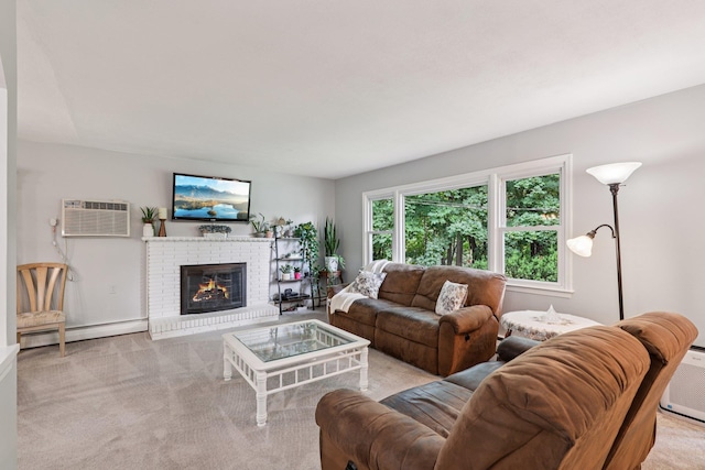 118 Standish Dr, Pearl River, NY 10965 - living area featuring baseboard heating, a wall unit AC, carpet floors, and a fireplace