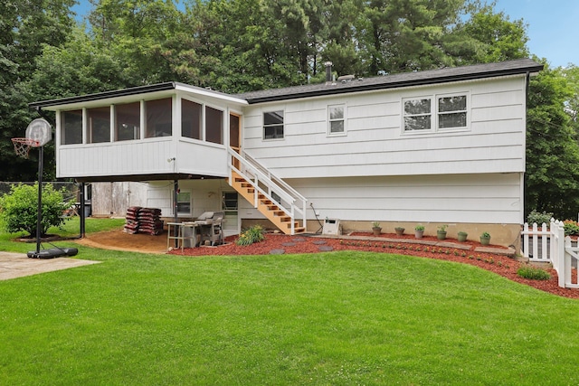 118 Standish Dr, Pearl River, NY 10965 - rear view of property with a sunroom, stairs, a patio, and view of wooded area