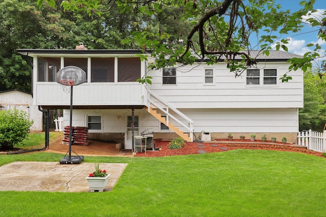 118 Standish Dr, Pearl River, NY 10965 - rear view of property featuring a patio area, a sunroom, stairs, and a chimney
