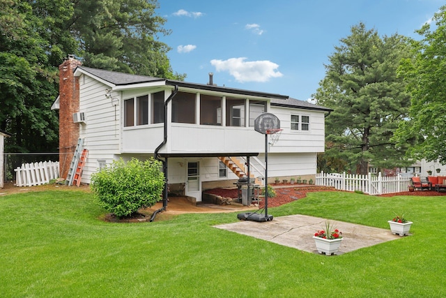 118 Standish Dr, Pearl River, NY 10965 - rear view of house featuring a patio area, a chimney, a sunroom, stairs, and cooling unit