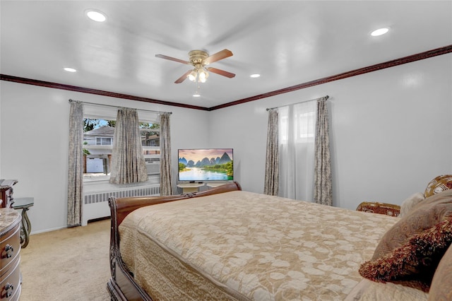 104 S 3rd St, New Hyde Park, NY 11040 - bedroom featuring radiator, light colored carpet, recessed lighting, ornamental molding, and ceiling fan