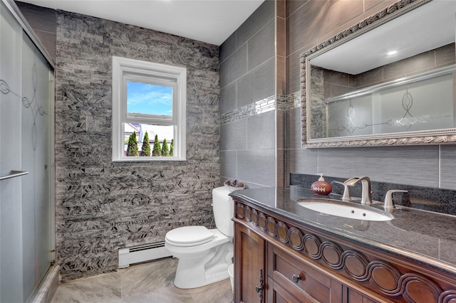 104 S 3rd St, New Hyde Park, NY 11040 - full bathroom featuring baseboard heating, tile walls, vanity, a shower stall, and backsplash