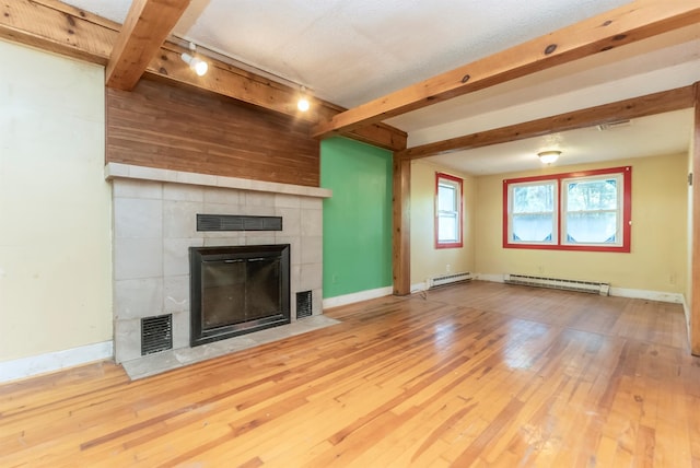 872-874 Rte 212, Saugerties, NY 12477 - unfurnished living room featuring a fireplace, a baseboard radiator, beam ceiling, wood-type flooring, and baseboards