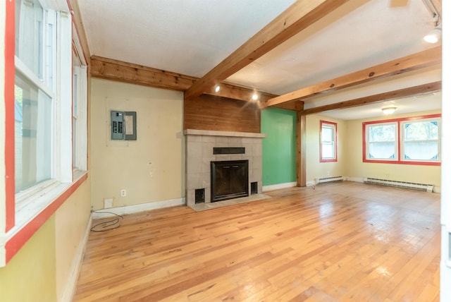 872-874 Rte 212, Saugerties, NY 12477 - unfurnished living room featuring a baseboard heating unit, electric panel, beam ceiling, and light wood-style flooring