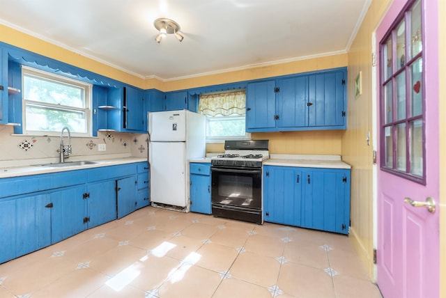 872-874 Rte 212, Saugerties, NY 12477 - kitchen with gas range, freestanding refrigerator, a sink, blue cabinetry, and open shelves