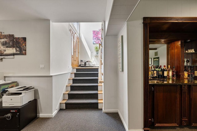 15 Dunmore Rd, New City, NY 10956 - staircase featuring carpet flooring and a dry bar