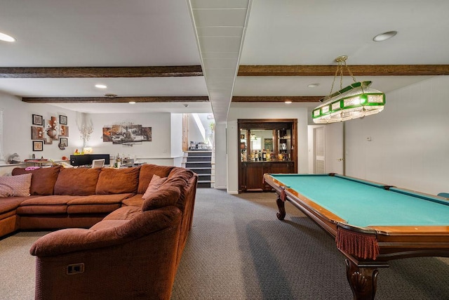 15 Dunmore Rd, New City, NY 10956 - rec room with a dry bar, carpet floors, beam ceiling, billiards table, and recessed lighting