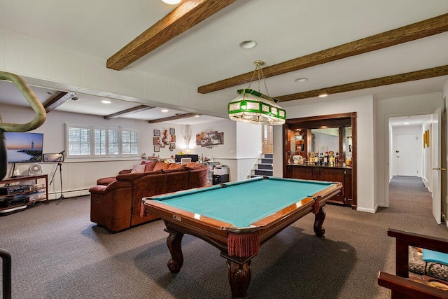 15 Dunmore Rd, New City, NY 10956 - game room with a bar, carpet floors, pool table, beamed ceiling, and recessed lighting