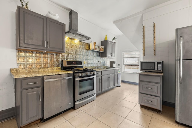 115 Primrose Ave, Mount Vernon, NY 10552 - kitchen featuring appliances with stainless steel finishes, range hood, gray cabinetry, tasteful backsplash, and light tile patterned flooring