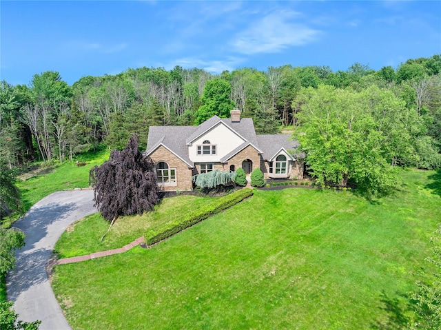 17 Royal Ct, Warwick, NY 10990 - view of front of property featuring a front yard, a chimney, a wooded view, and driveway