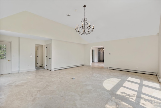 17 Royal Ct, Warwick, NY 10990 - spare room featuring a chandelier, baseboard heating, arched walkways, and high vaulted ceiling