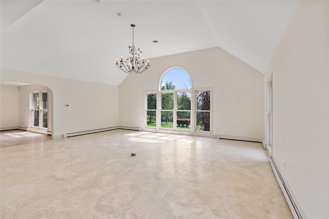 17 Royal Ct, Warwick, NY 10990 - unfurnished living room with high vaulted ceiling, baseboard heating, arched walkways, a baseboard radiator, and a chandelier