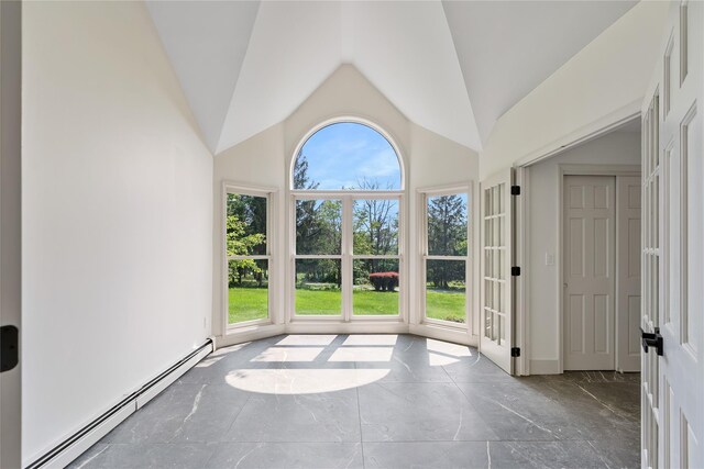 17 Royal Ct, Warwick, NY 10990 - unfurnished sunroom featuring a baseboard radiator, plenty of natural light, and lofted ceiling