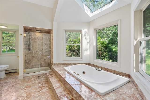 17 Royal Ct, Warwick, NY 10990 - bathroom featuring a tub with jets, a stall shower, healthy amount of natural light, baseboard heating, and lofted ceiling