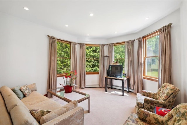 1034 Rte 292, Holmes, NY 12531 - living room featuring baseboard heating, healthy amount of natural light, light carpet, and recessed lighting