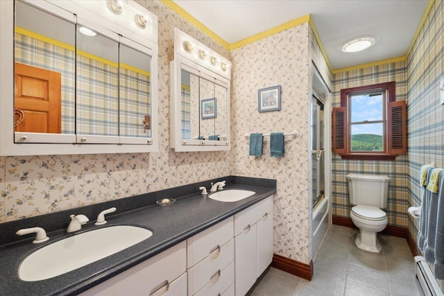 1034 Rte 292, Holmes, NY 12531 - bathroom with a baseboard radiator, double vanity, combined bath / shower with glass door, wallpapered walls, and tile patterned flooring