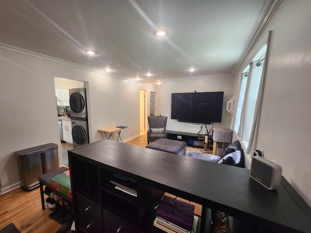 64-15 Springfield Blvd Unit A, Oakland Gardens, NY 11364 - living room featuring stacked washer and clothes dryer, ornamental molding, light wood-type flooring, a desk, and recessed lighting