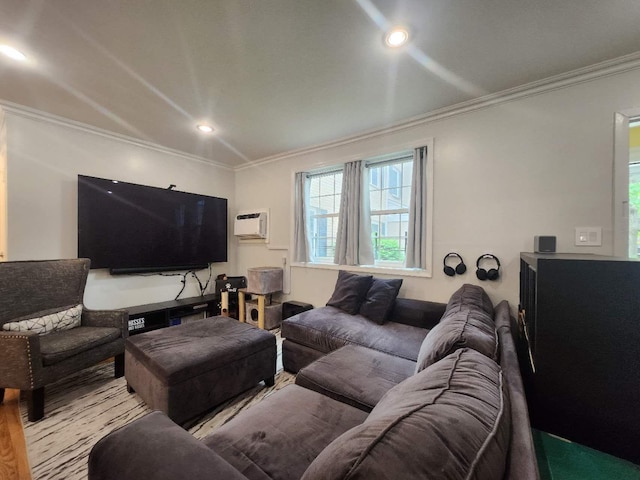 64-15 Springfield Blvd Unit A, Oakland Gardens, NY 11364 - living room with ornamental molding, healthy amount of natural light, recessed lighting, a wall mounted AC, and wood finished floors