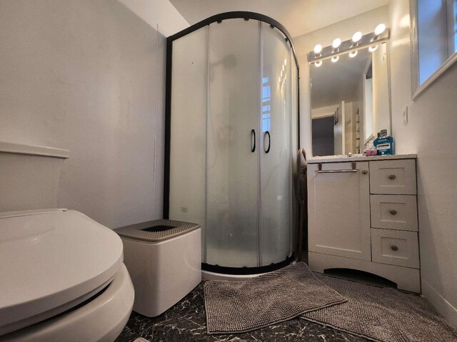 64-15 Springfield Blvd Unit A, Oakland Gardens, NY 11364 - bathroom with a shower stall, marble finish floors, and vanity