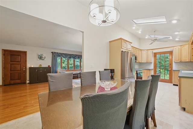 99 Furnace Dock Rd, Croton-On-Hudson, NY 10520 - dining room featuring a ceiling fan, a chandelier, and high vaulted ceiling