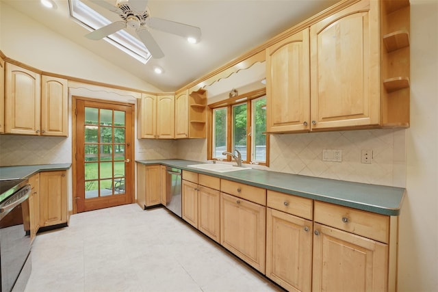 99 Furnace Dock Rd, Croton-On-Hudson, NY 10520 - kitchen featuring open shelves, light brown cabinets, a sink, vaulted ceiling, and stainless steel appliances