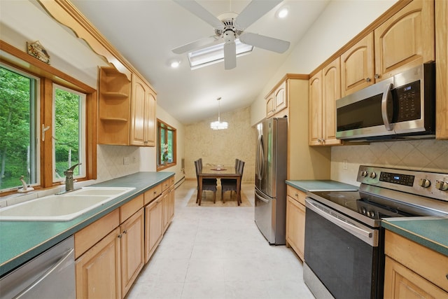 99 Furnace Dock Rd, Croton-On-Hudson, NY 10520 - kitchen with stainless steel appliances, lofted ceiling, light brown cabinetry, a sink, and decorative backsplash