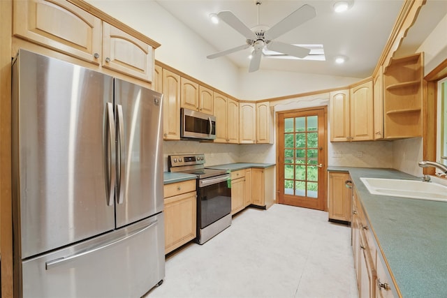 99 Furnace Dock Rd, Croton-On-Hudson, NY 10520 - kitchen featuring appliances with stainless steel finishes, a sink, light brown cabinetry, lofted ceiling, and ceiling fan