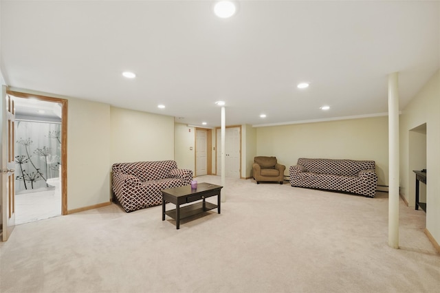 99 Furnace Dock Rd, Croton-On-Hudson, NY 10520 - living area with light colored carpet, recessed lighting, baseboards, and crown molding