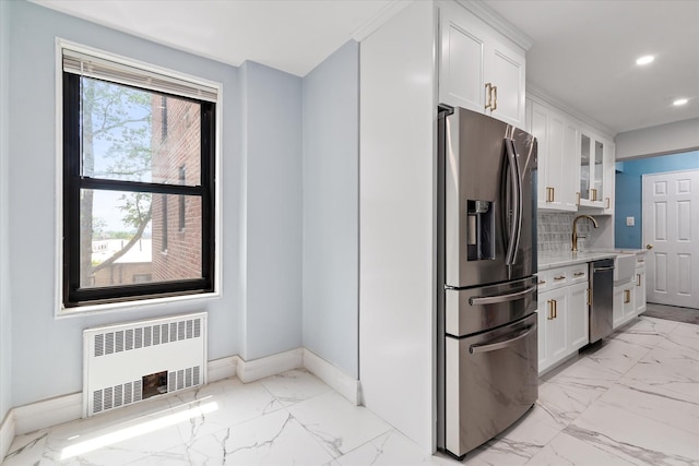 83-30 98th St Unit 5A, Woodhaven, NY 11421 - kitchen featuring stainless steel appliances, radiator, light marble finish flooring, baseboards, and recessed lighting